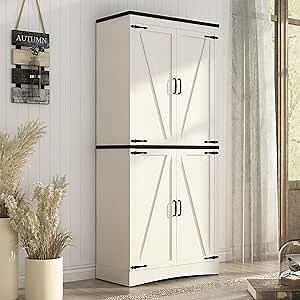 71" Tall Kitchen Pantry,Farmhouse Storage Cabinet with Adjustable Shelves,Load-Bearing Steel Pipe,Farmhouse Pantry Cabinet with 4 Barn Doors,for Kitchen,Dining Room,Living Room(Rustic White)