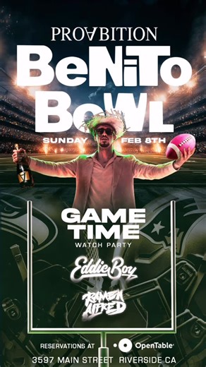 Proabition Rest. & Bar on Instagram: "Huge congrats to Benito on his Grammy win! 🏆✨ Join us this Sunday as we celebrate him with a brunch + Super Bowl watch party, live DJ, good vibes, and the big game on screen. See you there! #riverside Book your reservation on OpenTable DJ sets by: @ramenalfred @djeddieboy #superbowlchamps #grammy"