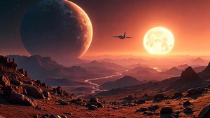 Download Alien Planet Sunset A spaceship soars above a breathtaking alien landscape, with a giant red sun and a large moon dominating the fiery sky. for free