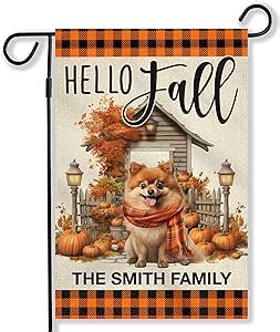 Pomeranian Hello Fall Garden Flags for Outside 12x18 Both Sides Pumpkin Country Barn Burlap Personalized Garden Flag Gift Autumn Thanksgiving Yard Lawn Outdoor Home Decor