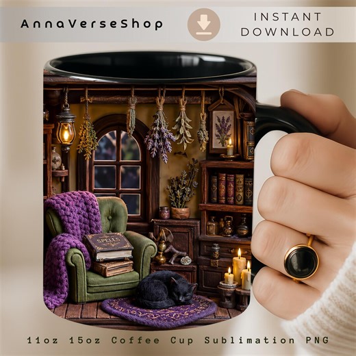Witchy Library Mug Wrap PNG, Halloween Coffee Cup Sublimation, Cozy Witch Bookshelf 11oz 15oz Mug Design, Black Cat - Etsy