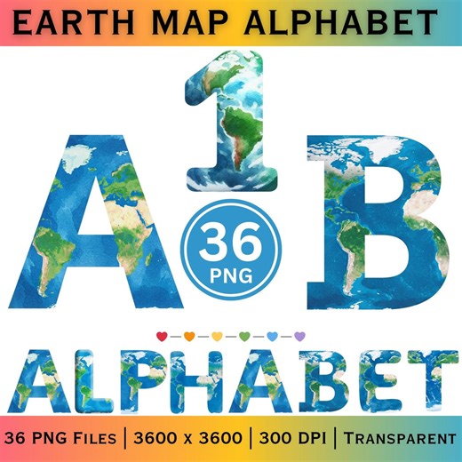 Earth Map Alphabet PNG A–Z | World Letter Clipart | Geography Font Files | Digital Download - Etsy