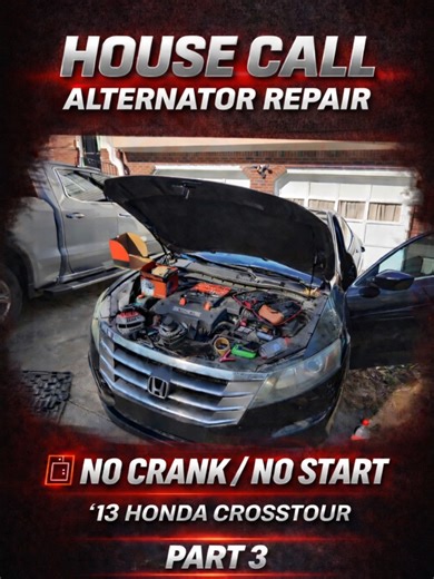 Rise & Grind!💰🏃🏾‍♂️ Another satisfied client.🧑🏾‍🔧 Alternator idle read 12 Volts. After replacement, it read 14 Volts. Back to normal. 13.5 – 14.7 V running → alternator charging normally. Below 13 V running → charging system problem. Part 3 of 3: House Call. Diagnostic Test. No crank/No start. '13 Honda Crosstour. Common Repairs: Motor mounts Starter replacement Alternator replacement Brake pads and rotors Spark plugs / coils (especially V6) Thermostat or coolant leaks causing overheating.