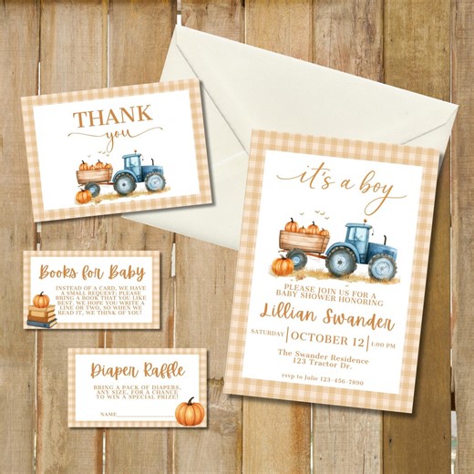 Fall Baby Shower Invite Set: Blue Tractor Pumpkin Patch (5x7" Digital Download) - Etsy UK