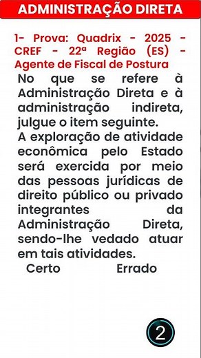 1- DIREITO ADMINISTRATIVO : ADMINISTRAÇÃO DIRETA - Prova: Quadrix - 2025 - CREF - 22ª Região (ES) -