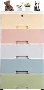 Plastic Drawer Tower, 5-Tier Plastics Storage Drawer Cart, Plastics Drawers Storage Cart Mobile Cabinet With Key for Bedroom, Living Room, Study, Dressing Room, Macaroon Colors