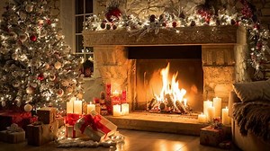 Download Cozy Christmas scene with glowing fireplace, decorated tree, and gifts for free