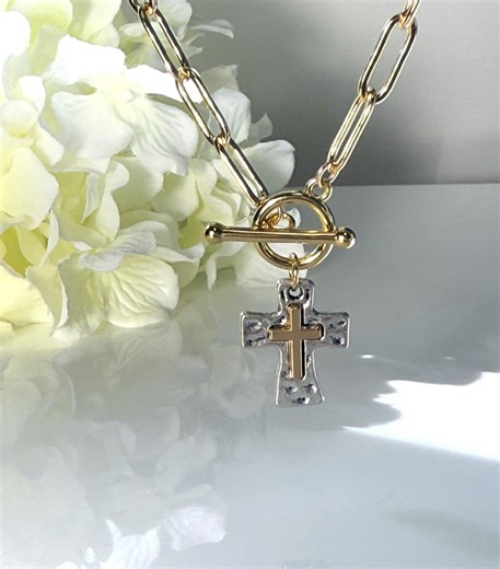 Hammered Mixed Metal Cross Necklace: 14k Gold Filled Chain, Small Dainty Cross Charm - Etsy