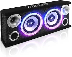 Pyle 6" Dual Subwoofer Box System - Dual Series Vented Subwoofer Enclosure - Rear Vented Design with Built-in Illuminating LED Lights, 2 x 200 Watts Max Power, Two 4” Tweeters