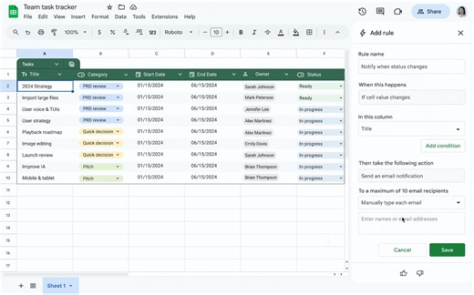 Get email alerts for key changes in your spreadsheets by setting conditional notifications. Set rules for specific updates, configure alerts for yourself or others, and enhance your team communication. 📊✨ → https://goo.gle/3VEJ59i | Google Workspace