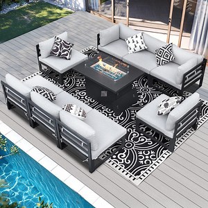 Extra Large Gray 9-Piece Aluminum Patio Fire Pit Conversation Set Deep Seating Sectional Sofa with Light Gray Cushions HD-SF-LG-GAL-26100