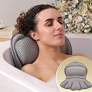 Bath Pillow Luxury Bathtub Pillow, Extra Soft & Comfortable Bath Pillow for Tub Head Neck and Back Support, with 4D Air Mesh Cushions & Non-Slip Suction Cups - Great Bath Gifts (Gray)