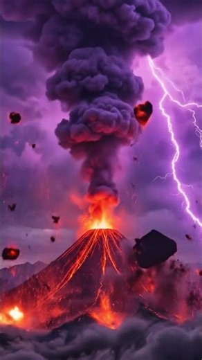 Volcano spews red lava and purple ash into a lightning storm sky.