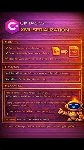 DOTNET DEVELOPER on Instagram: "📄 XML Serialization in C# Objects ko XML format me convert karke ✔ data store ✔ data transfer ✔ config files sab easily handle karo 💡 🔥 Readable, platform-independent & interview-important topic 📌 Save this post for quick revision 👨‍💻 Follow @code_with_dotnet for daily C# & .NET content #CSharp #DotNetDeveloper #XMLSerialization #LearnCSharp #CodeWithDotNet"