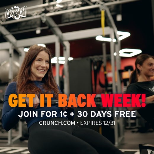 Get It Back Week is here at Crunch, and it’s time to give back to YOU! 💪 Join for 1¢ and get 30 days FREE when you sign up at CrunchDoral.com. Get back to feeling strong, confident, and consistent with workouts that hit, classes that push, and recovery that helps you bounce back. Memberships start at $9.99/month with 500 locations nationwide. Don’t wait - offer ends 12/31. Get it back! | Crunch Fitness