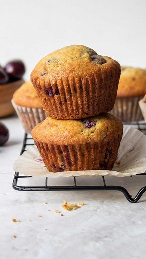 Cherry Muffins 🍒 Turn fresh, sweet cherries into a summer snack with these cherry muffins! These healthy homemade muffins are moist, fluffy, tasty, and very easy to make. Ingredients: 1 3/4 cups all-purpose flour 1 teaspoon baking powder 1 teaspoon baking soda 1/2 teaspoon salt 1/2 cup unsalted butter, melted 3/4 cup granulated sugar 2 eggs 1/2 cup sour cream or plain yogurt 1 teaspoon vanilla extract 1/4 cup milk 2 cups fresh cherries, pitted and quartered Instructions: See the link in my bio