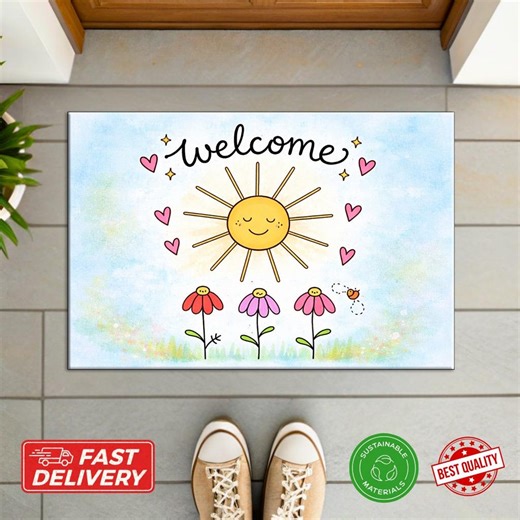 Sunny Day Welcome Mat - Smiling Sun Doormat, Cheerful Flowers, Bee Entryway Decor, Housewarming Gift - Etsy
