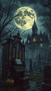 Haunted Pipe Organ Under Full Moon in Spooky Graveyard