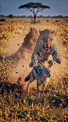 Desperate Struggle: Jackal Evades Leopard's Ambush 🐆 #shorts #wildlife #animals