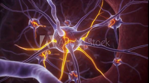 Microscopic view of active noradrenergic neurons in the locus coeruleus, illustrating neural pathways and brain function.
