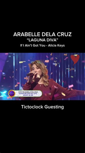 Arabelle Dela Cruz Veiled Cup’s “Laguna Diva” Tiktoclock Guesting Sana po ay patuloy nyo po akong suportahan sa laban na ito! ✊🏼 Laban Pilipinas! 🇵🇭✨ * Votings are open until January 29 only! * Live Votings on February 1 for the Grand Finals! STEP 1: Bumoto sa Spotify * ﻿﻿Buksan ang Spotify app at i-search ang Veiled Cup playlist. * ﻿﻿Hanapin ang voting section sa loob ng playlist. * ﻿﻿Piliin ang kantang "Wake Up" ni Laguna Diva (Arabelle Dela Cruz) * ﻿﻿I-submit ang iyong boto. * ﻿﻿Tandaan: M