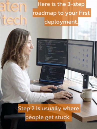 Here is the 3-step roadmap to your first deployment. Step 1: Version Control. Everything starts with a 'Git Push.' If it’s not in a repository, it doesn't exist. Step 2: The CI/CD Pipeline. This is the 'engine' that tests your code and builds your environment automatically. Step 3: Infrastructure. Use a script to tell the cloud exactly where that code needs to live. No manual clicking required. We use these exact workflows in our Aten Tech automation labs. Save this for when you're ready to buil