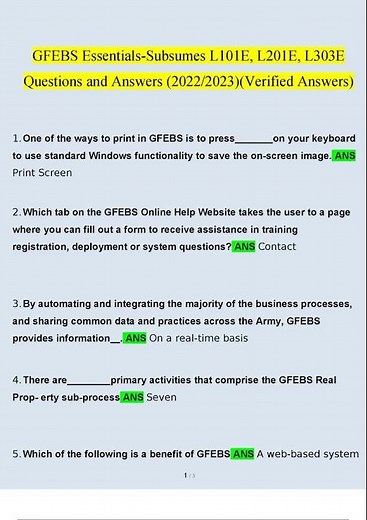 GFEBS Essentials Subsumes L101E, L201E, L303E Questions and Answers 2022 2023Verified Answers