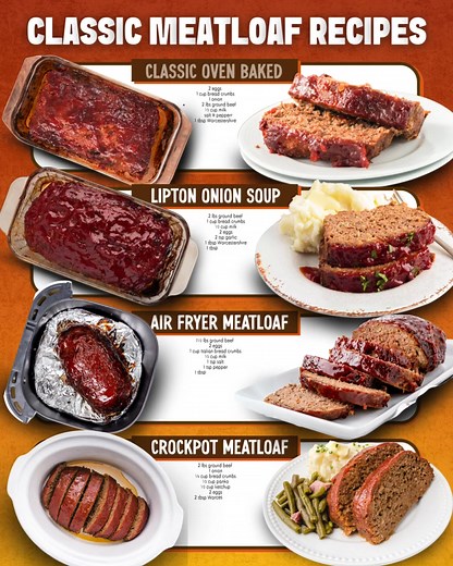 Four ways to turn MEATLOAF Into a crave-worthy dinner everyone will love!! 1️⃣ CLASSIC OVEN BAKED MEATLOAF 2 eggs 1 cup bread crumbs 1 onion (chopped) 2 lbs lean ground beef ½ cup milk 1 tsp salt 1 tsp pepper 1 tbsp Worcestershire sauce 1 tbsp Dijon mustard 1 tbsp tomato paste 2 tsp minced garlic 1 tsp garlic powder Sauce: ½ cup ketchup 2 tbsp brown sugar 1 tbsp Worcestershire sauce 2️⃣ LIPTON ONION SOUP MEATLOAF 2 lbs lean ground beef 1 cup breadcrumbs ½ cup whole milk 2 large eggs 2 tsp minced