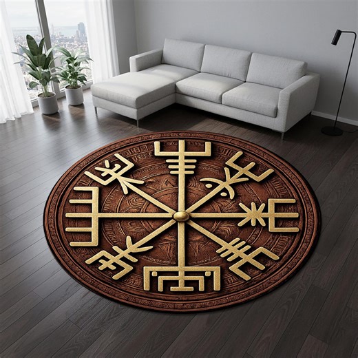 Viking Compass Round Rug, Norse Symbol Vegvisir Style Carpet, Rustic Wood Look Area Rug, Nordic Pagan Home Decor - Etsy