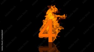 Flaming Number Four Burning in Orange Fire Centred on Black Background in Concept Image
