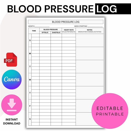Blood Pressure Log Printable PDF, Printable Blood Pressure Tracker, Record & Monitor Blood Pressure at Home, EDITABLE PDF Instant Download - Etsy