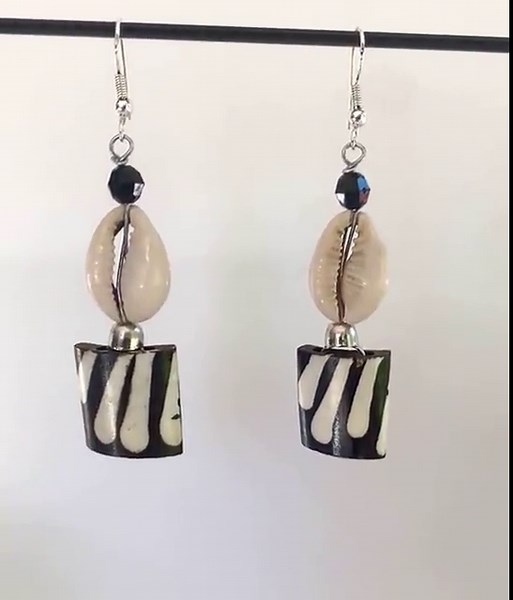 Cowrie Shell and Square Black Batik Bone Earrings , Ethnic Style - Etsy