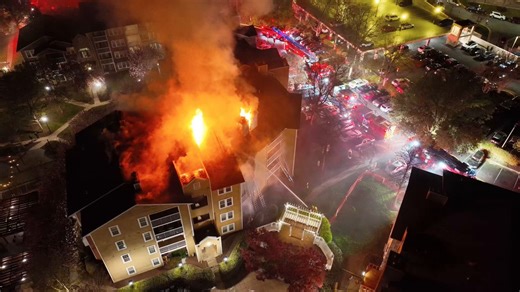 Gaithersburg, MD - Aerial video of the scene of a reported house fire, four story apartment building, fire through the roof, 2nd alarm in the 9800 Blk of Mahogany Dr., Sawyer flats. @mcfrsPIO @HHFireProds @ArmisteadIsaac @mcfrs #mcfrs @MoCoFireWire @Lawzfirephotos @command11b @DavidPazos15 @MCFRSNews #mcpd @mcpnews @GWGVFD