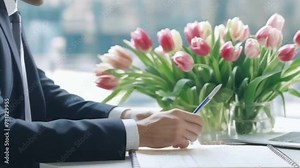 Side view of businessman in suit filling out planner or notepad next to an open laptop against of fresh bouquet of tulips