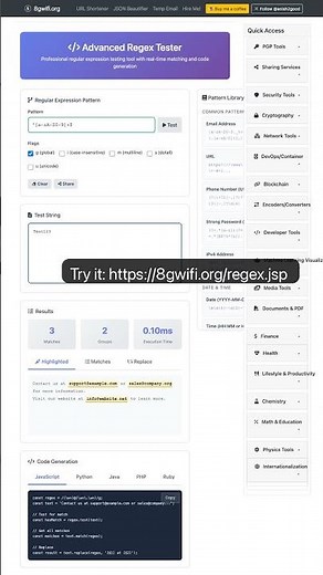 Advanced Regex Tester - Regular Expression Testing Tool — in 30 seconds #Developers #DevTools
