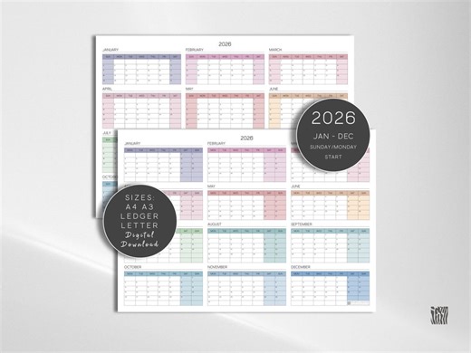 2026 One Page Calendar, Printable Planner With Sunday & Monday Start (digital Download) - Etsy