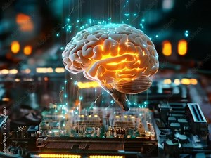 Generative AI represented by bright holographic brain over electronic circuits. Machine learning visualization