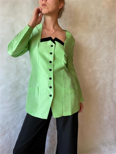 Vintage Light Green Blazer – Lightweight Structured Jacket – Bold 80s Style With Black Details - Etsy