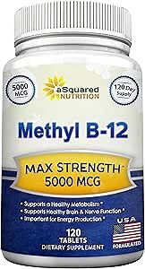 aSquared Nutrition Vitamin B12-5000 MCG Supplement with Methylcobalamin (Methyl B-12) - Max Strength Vitamin B 12 Support to Help Boost Natural Energy, Benefit Brain & Heart Function - 120 Tablets