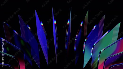 Abstract geometric animation, rotating colorful glass shapes on a black background, 4k looping video, 3d render