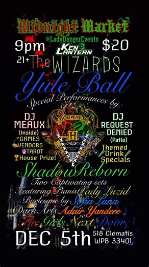 🌹Lady Danger Events🌹(Nikki) on Instagram: "✨✨✨✨✨✨✨✨✨✨✨✨✨ Embark on a magical journey with us at the Wizards Yule Ball! @respectablestreet A collaboration like no other! @kenlantern @ladydangerevents 🪄🪄🪄🪄🪄🪄🪄🪄🪄🪄🪄🪄🪄 Midnight Market introduces a VERY special night with music by @shadow_reborn contributing 2 sets and an added creative Lady Luzid on Piano pouring out original and themed pieces. The 2nd set will have a permanece by @sofialunamiami 🖤🖤🖤🖤🖤🖤🖤🖤🖤🖤🖤🖤🖤 Lady Luzid’s 