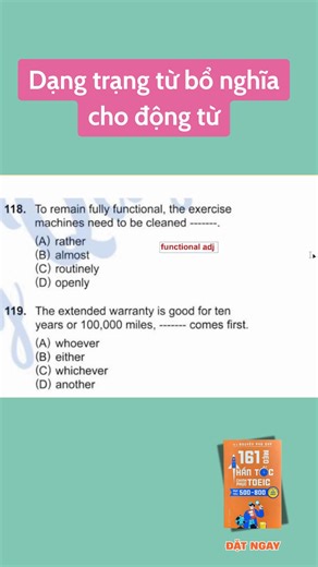 1.8K views · 19 reactions | ️ Câu này nói về tần suất — chọn từ nào hợp lý? The exercise machines need to be cleaned _____. Rõ ràng “routinely” hay “almost”? Xem kỹ để không mất điểm oan nha! ⚡ #toeicvocabulary #toeicadverb #toeicpart5 #onthitoeic | Tiếng Anh Thầy Quý - TOEIC 4 Kỹ Năng | Facebook