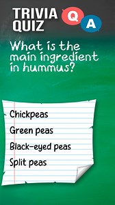 A trivia quiz brought to you by @Weqyoua Question 1 : What is the main ingredient in hummus? A : Chickpeas B : Green peas C : Black-eyed peas D : Split peas Question 2 : Whose 'Mother' was Dr Hook singing about in the 1970s? A : Sasha's B : Susan's C : Sylvia's D : Sarah's Question 3 : Which company makes the DS handheld console? A : Microsoft B : Sega C : Nintendo D : Sony Question 4 : Which former Prime Minister of Israel died in 2014? A : Pete Seeger B : John Dobson C : Run Run Shaw D : Ariel
