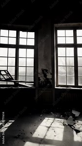 Dilapidated room with broken ceiling and light streaming through tall windows, creating a dramatic, shadowed interior scene
