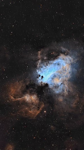 Oksana Korda | Astro Art & Science on Instagram: "SH2-45 – COMPLEX IONIZATION IN MIXED GAS FLOWS Sh2-45 is a broad H II region in Scutum, but in narrowband imaging its structure reveals far more nuance than simple hydrogen emission. The strong O III signal dominates the core, producing the bright blue-cyan glow shaped by intense stellar radiation. Surrounding layers of gas and dust appear in warm gold tones where sulfur and hydrogen contributions are mapped into the image, outlining turbulence, 