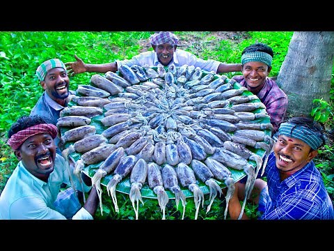 SQUID FISH FRY | Delicious Seafood Recipe Cooking and Eating in Village | Tawa Fried Calamari Recipe