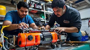 Download Two men working on a machine in a workshop for free