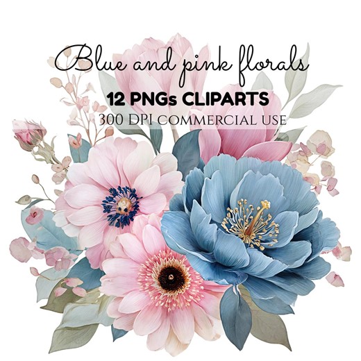 Blue and Pink Flower Bouquet Clipart PNG, Watercolor Floral PNG, Abstract Flower Png, Sublimation Cliparts, Floral Clipart PNG Collection - Etsy