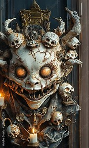 A haunting wall sculpture featuring skulls, candles, and a grotesque face.