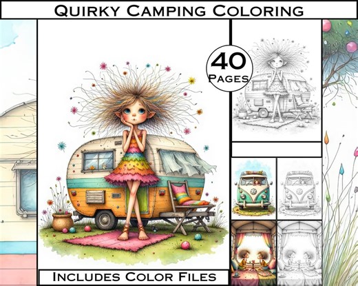 Quirky Camping Girl Coloring Book: 40 Grayscale Pages (PDF Digital Download) - Etsy